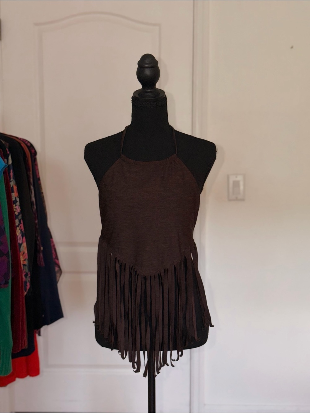 Vintage Mossimo Brown Fringe Halter Mini Dress Boho